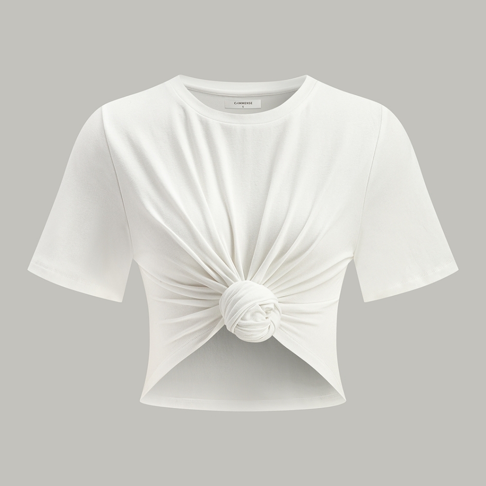 Commense Cropped Knot-Front T-Shirt Women's M Preppy